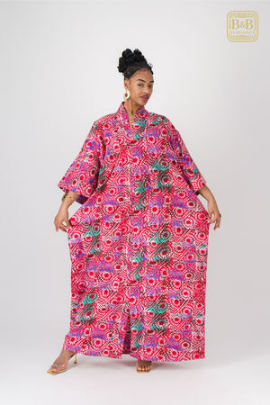 Robe africaine ankara rose motif floral fait main Sénégal - tenue femme cérémonie