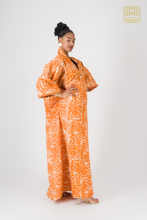 Robe africaine ankara orange motif floral fait main Sénégal - tenue femme cérémonie