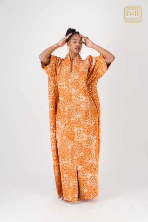 Robe africaine ankara orange motif floral fait main Sénégal - tenue femme cérémonie