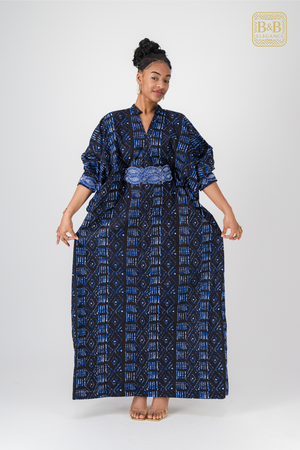 Robe africaine wax bleue fulani fait main Sénégal - tenue femme cérémonie