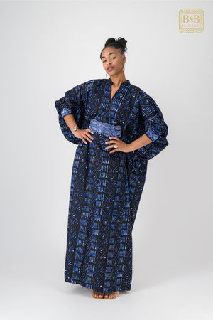 Robe africaine wax bleue fulani fait main Sénégal - tenue femme cérémonie