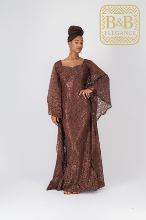 Robe élégante dentelle marron doublure satin fait main sénégal - tenue africaine femme cérémonie
