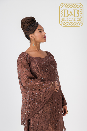 Robe élégante dentelle marron doublure satin fait main sénégal - tenue africaine femme cérémonie