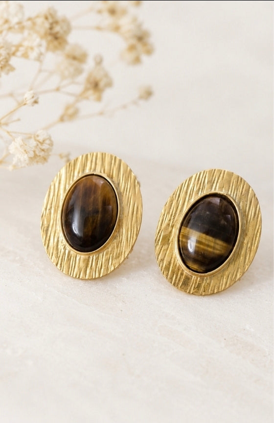 Boucles d’Oreilles Ethniques – Œil du tigre bronze plaqué or marron
