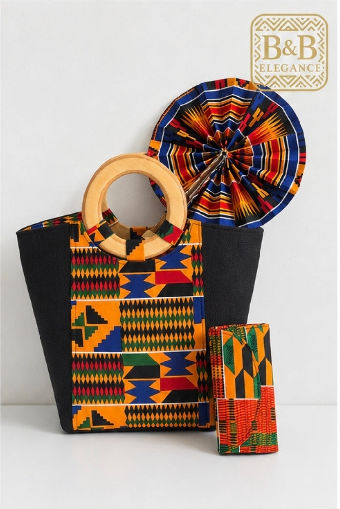 Ensemble sac cabas, éventail et pochette en tissu wax africain – B&B Élégance.