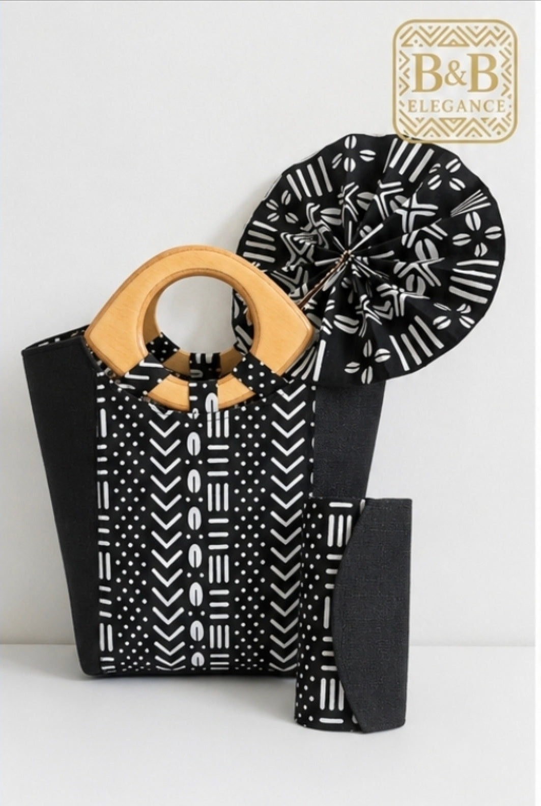 Ensemble sac cabas, éventail et pochette en tissu wax africain – B&B Élégance.