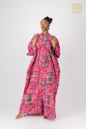 Robe africaine ankara rose motif floral fait main Sénégal - tenue femme cérémonie