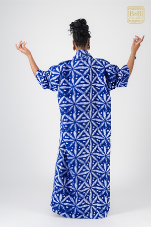 Robe africaine ankara bleue motif floral fait main Sénégal - tenue femme cérémonie