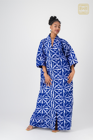 Robe africaine ankara bleue motif floral fait main Sénégal - tenue femme cérémonie