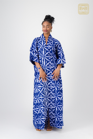 Robe africaine ankara bleue motif floral fait main Sénégal - tenue femme cérémonie