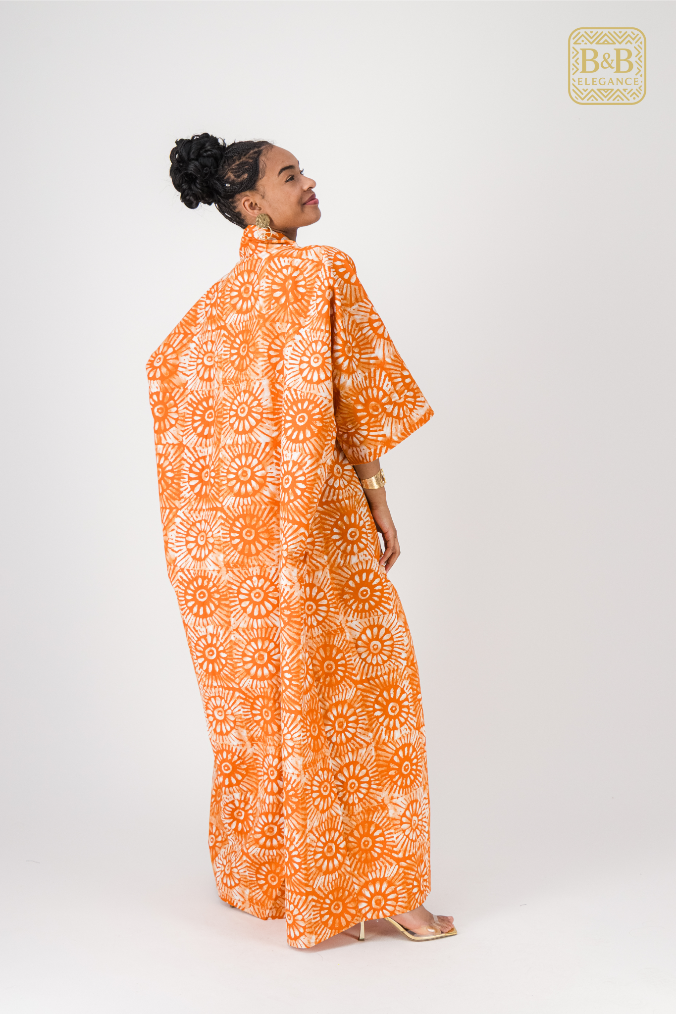 Robe africaine ankara orange motif floral fait main Sénégal - tenue femme cérémonie