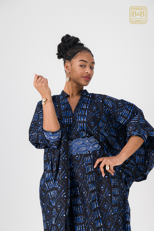 Robe africaine wax bleue fulani fait main Sénégal - tenue femme cérémonie