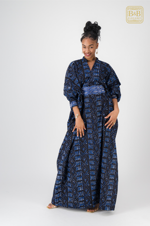 Robe africaine wax bleue fulani fait main Sénégal - tenue femme cérémonie