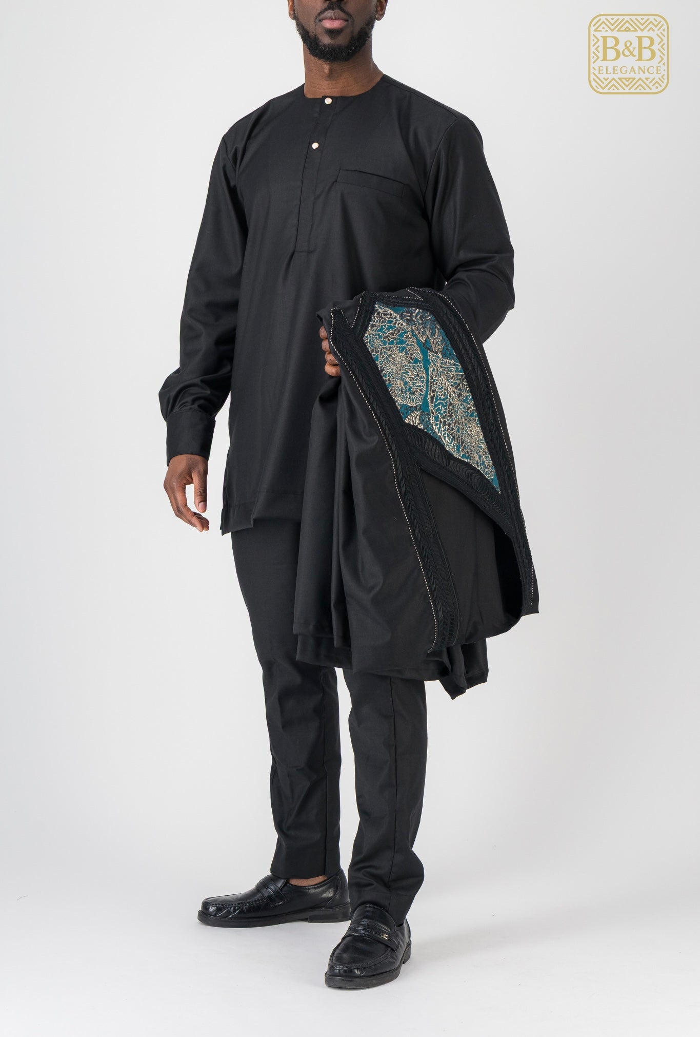 ensemble africain homme 3 pièces noir vert doré brodé fait main sur mesure - tenue cérémonie mariage