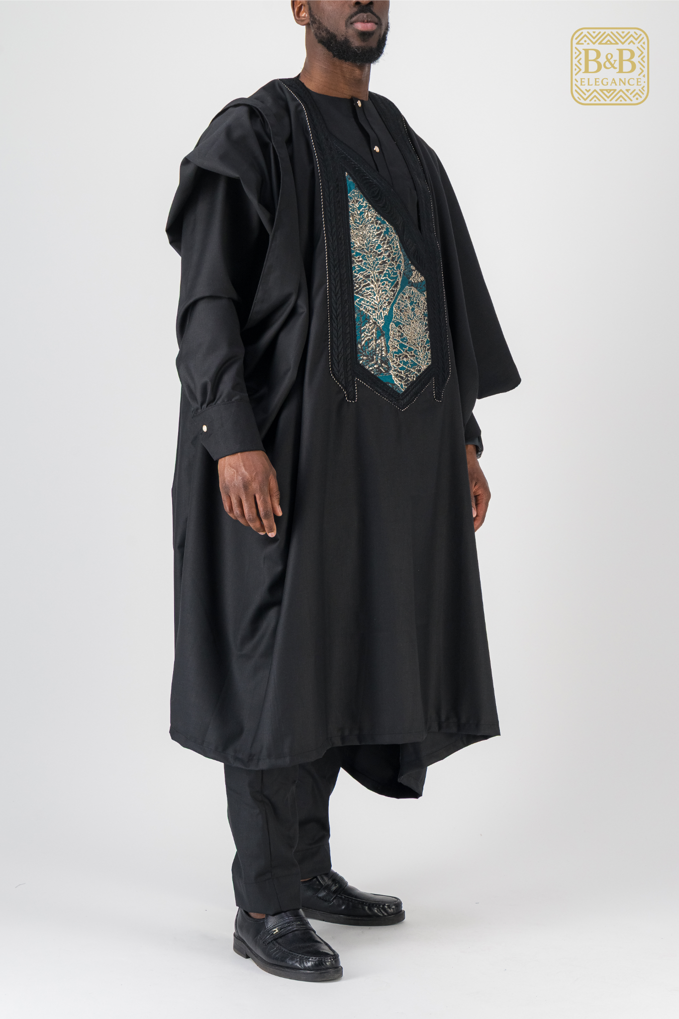 ensemble africain homme 3 pièces noir vert doré brodé fait main sur mesure - tenue cérémonie mariage