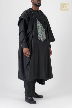 ensemble africain homme 3 pièces noir vert doré brodé fait main sur mesure - tenue cérémonie mariage
