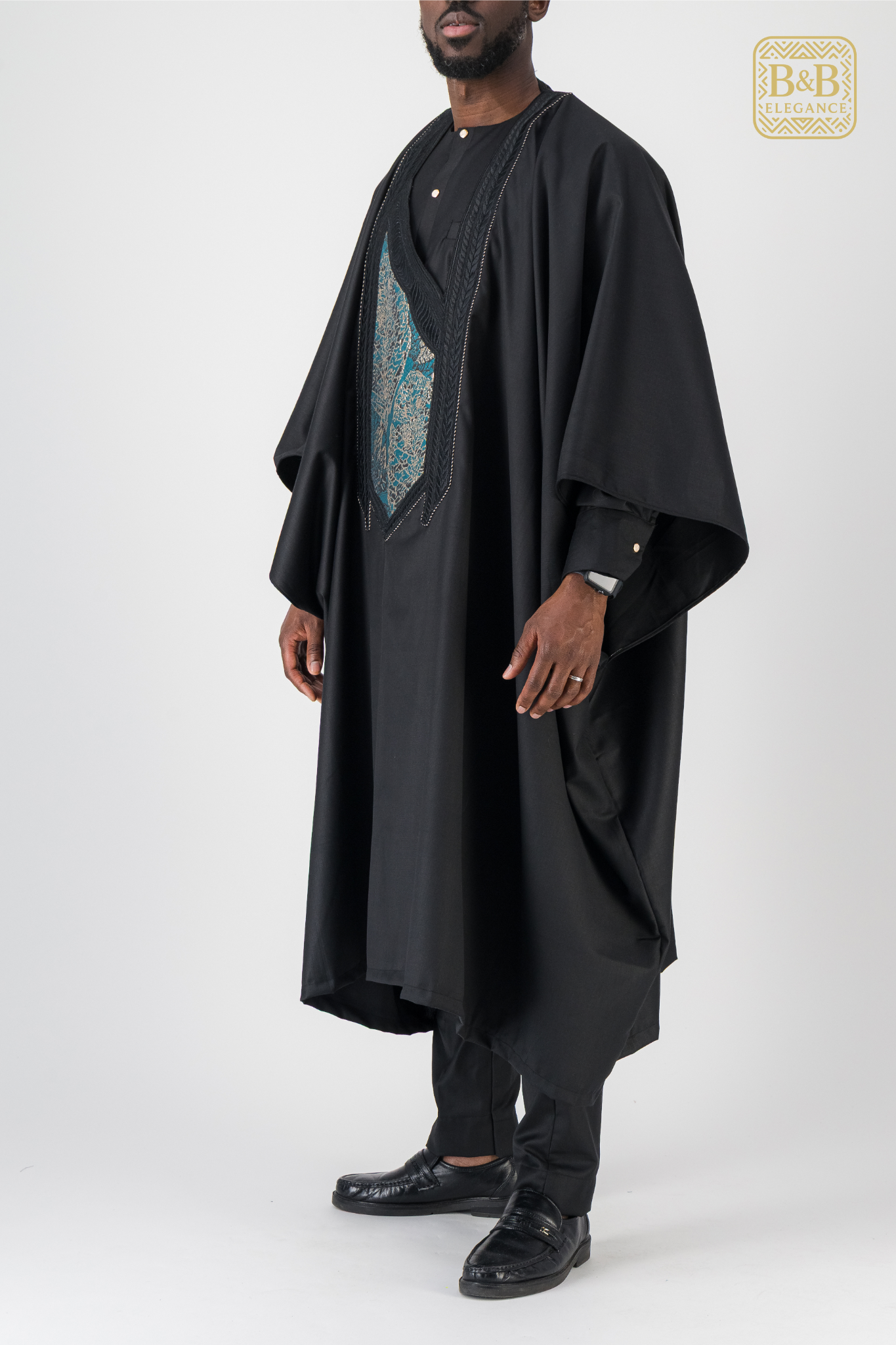 ensemble africain homme 3 pièces noir vert doré brodé fait main sur mesure - tenue cérémonie mariage