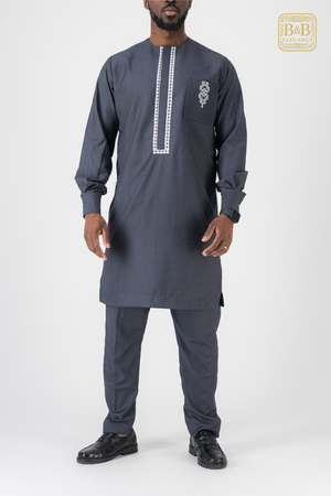 ensemble africain homme 2 pièces gris foncé brodé fait main sur mesure - tenue cérémonie mariage