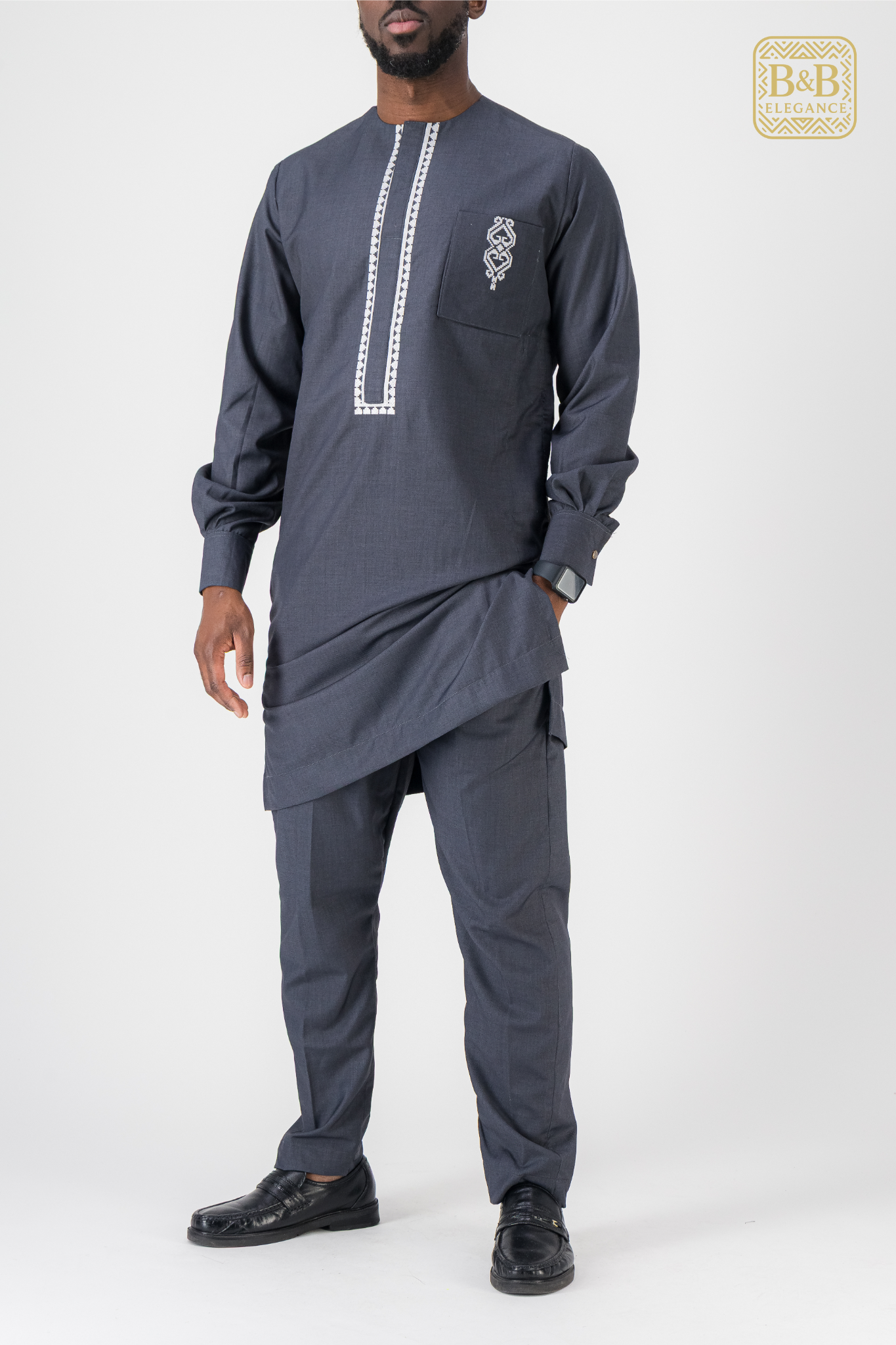ensemble africain homme 2 pièces gris foncé brodé fait main sur mesure - tenue cérémonie mariage