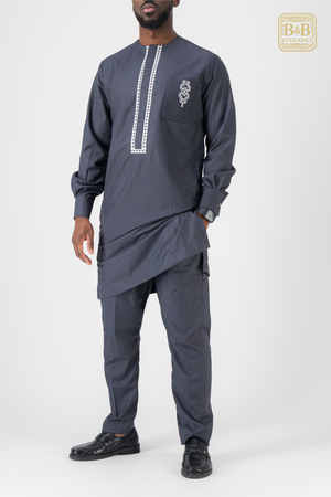 ensemble africain homme 2 pièces gris foncé brodé fait main sur mesure - tenue cérémonie mariage