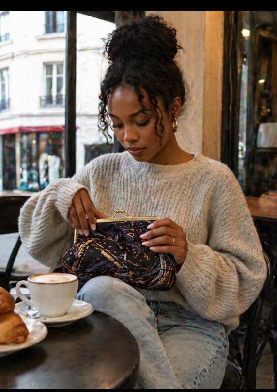 Pochette brocart noir multicolore et or fait main - accessoire africain femme