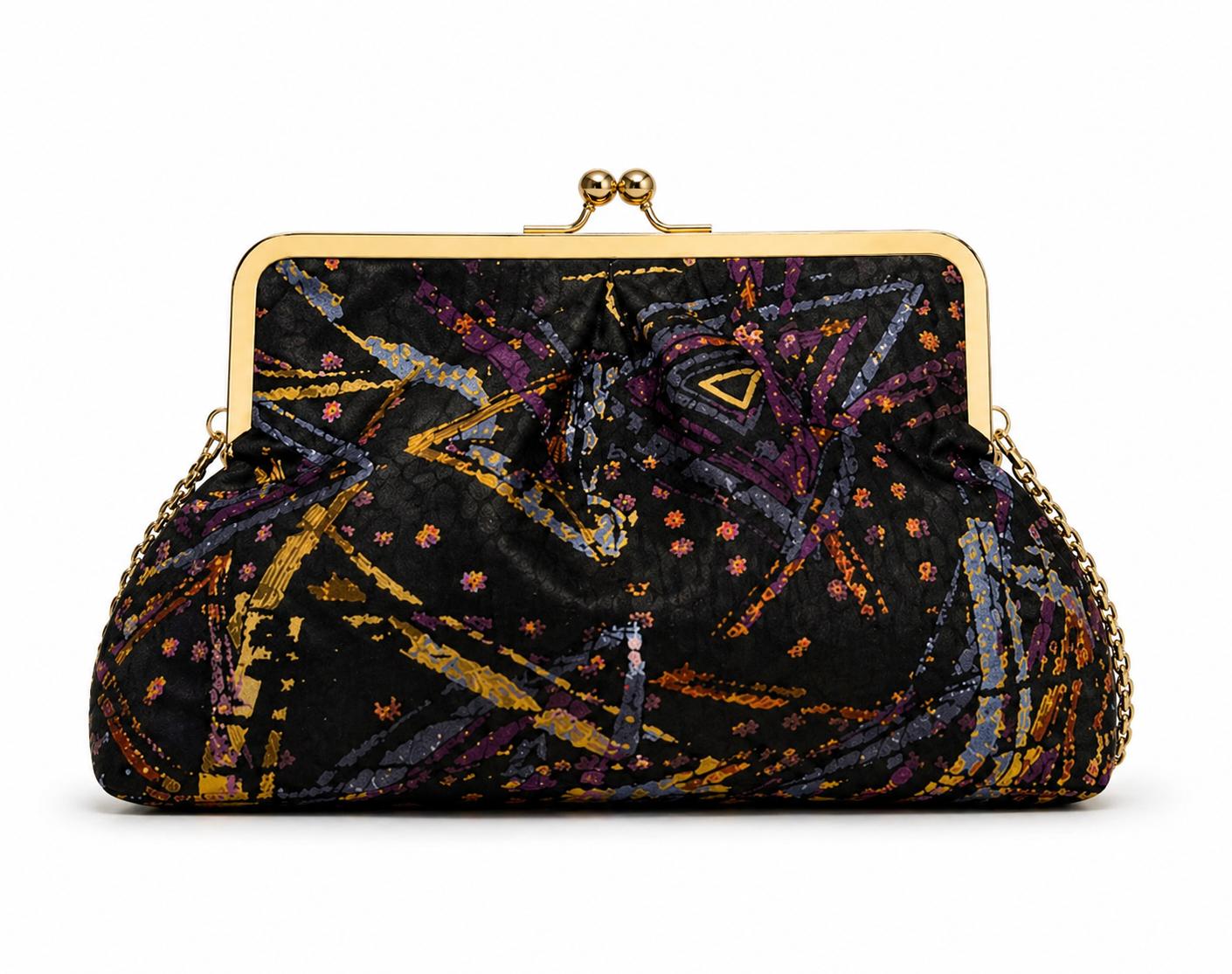 Pochette brocart noir multicolore et or fait main - accessoire africain femme