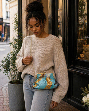Pochette brocart bleue et or fait main - accessoire africain femme