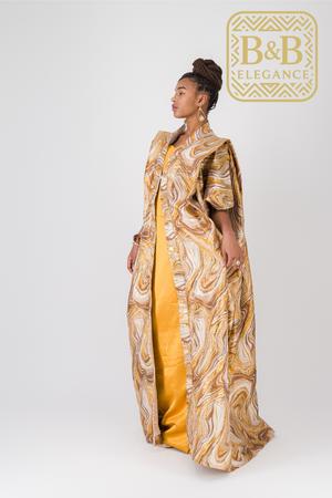 Kimono chic brocard jaune et robe bustier satin fait main pièce unique - tenue africaine femme cérémonie