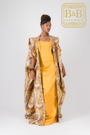 Kimono chic brocard jaune et robe bustier satin fait main pièce unique - tenue africaine femme cérémonie