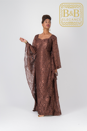 Robe élégante dentelle marron doublure satin fait main sénégal - tenue africaine femme cérémonie