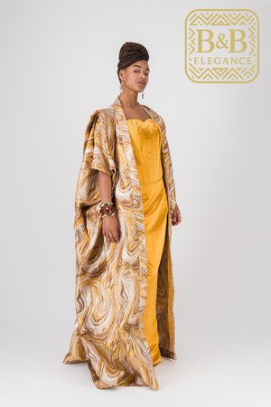 Kimono chic brocard jaune et robe bustier satin fait main pièce unique - tenue africaine femme cérémonie