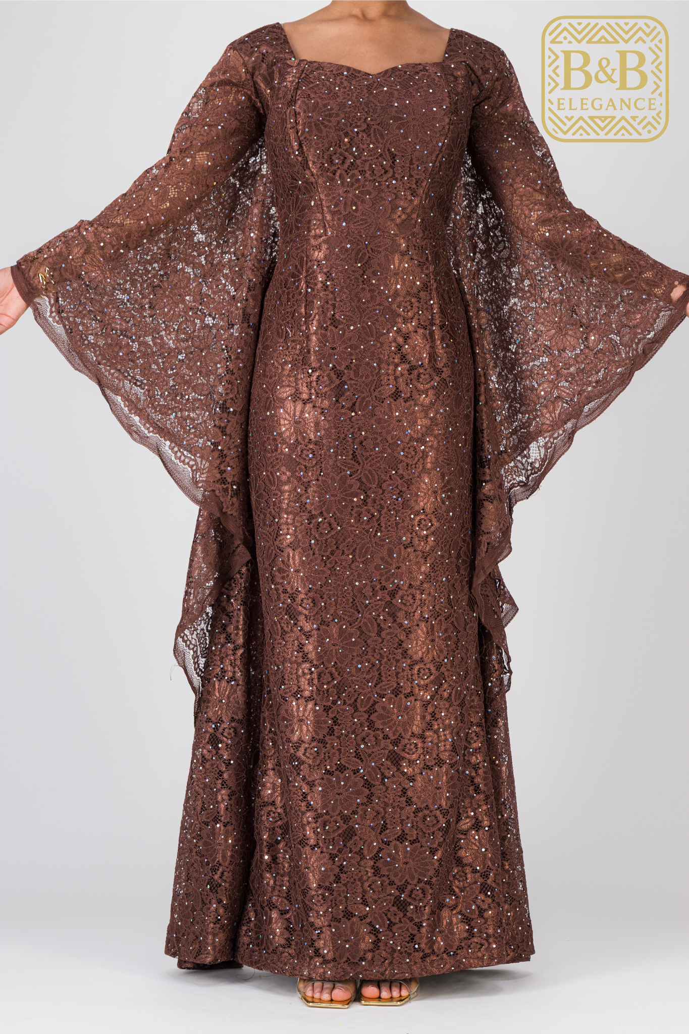 Robe élégante dentelle marron doublure satin fait main sénégal - tenue africaine femme cérémonie