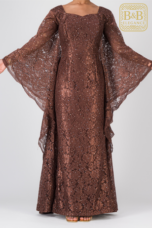 Robe élégante dentelle marron doublure satin fait main sénégal - tenue africaine femme cérémonie