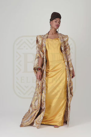 Kimono chic brocard jaune et robe bustier satin fait main pièce unique - tenue africaine femme cérémonie