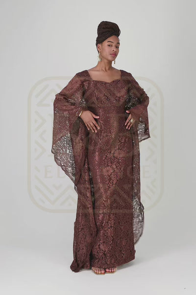 Robe élégante dentelle marron doublure satin fait main sénégal - tenue africaine femme cérémonie