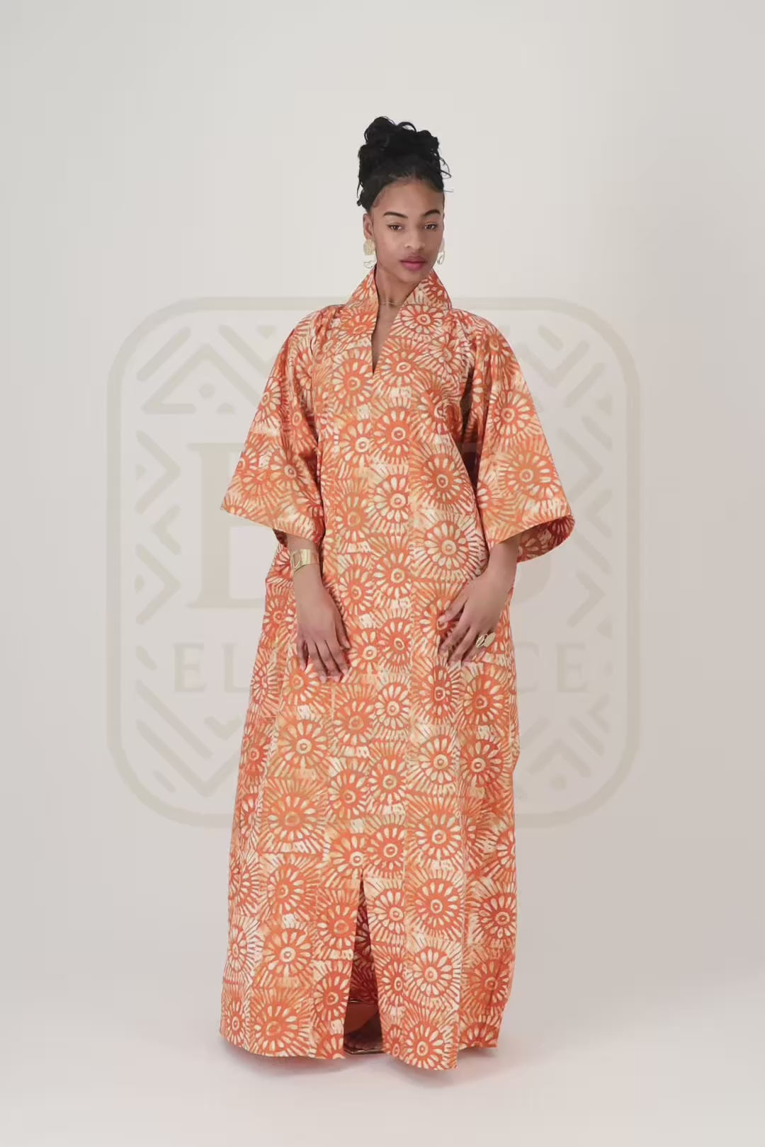 Robe africaine ankara orange motif floral fait main Sénégal - tenue femme cérémonie