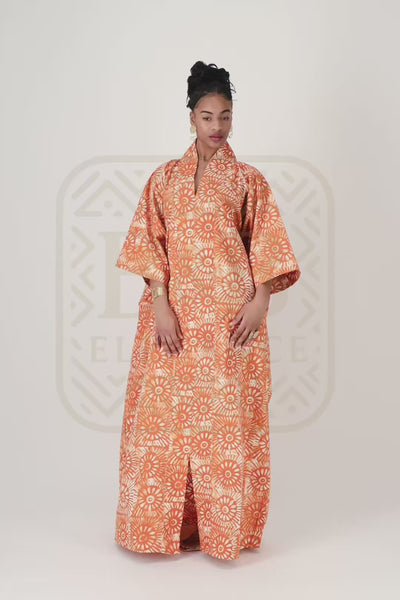 Robe africaine ankara orange motif floral fait main Sénégal - tenue femme cérémonie