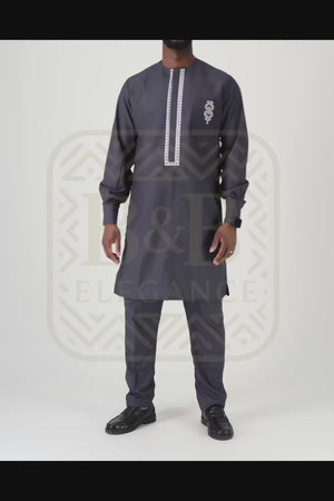 ensemble africain homme 2 pièces gris foncé brodé fait main sur mesure - tenue cérémonie mariage