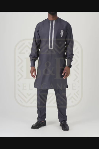 ensemble africain homme 2 pièces gris foncé brodé fait main sur mesure - tenue cérémonie mariage