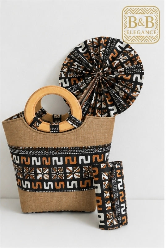 Ensemble sac cabas, éventail et pochette en tissu wax africain – B&B Élégance.