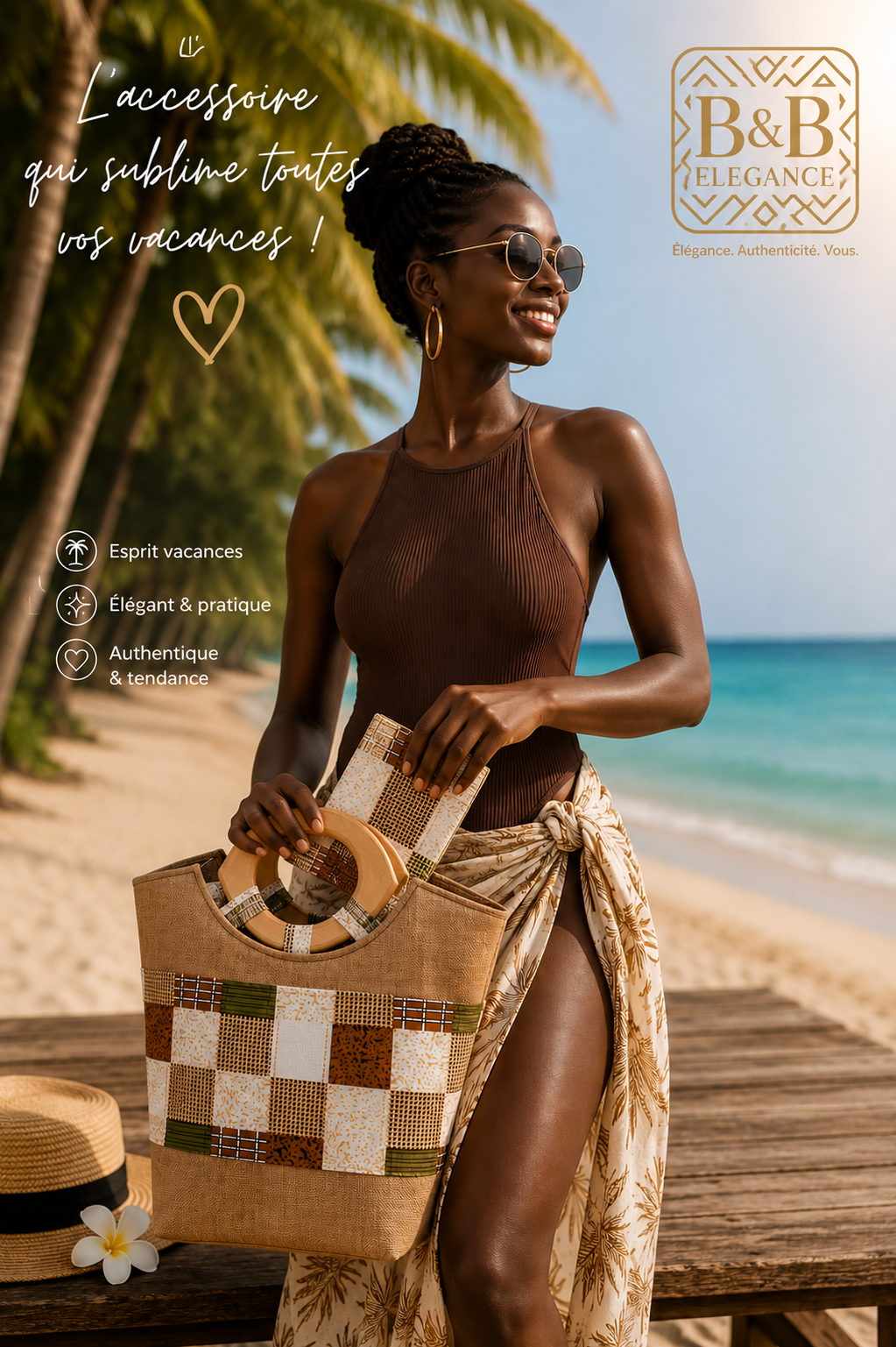 Femme portant un grand sac cabas en tissu wax africain avec pochette assortie, fabrication artisanale B&B Élégance, idéal pour un style chic et estival.