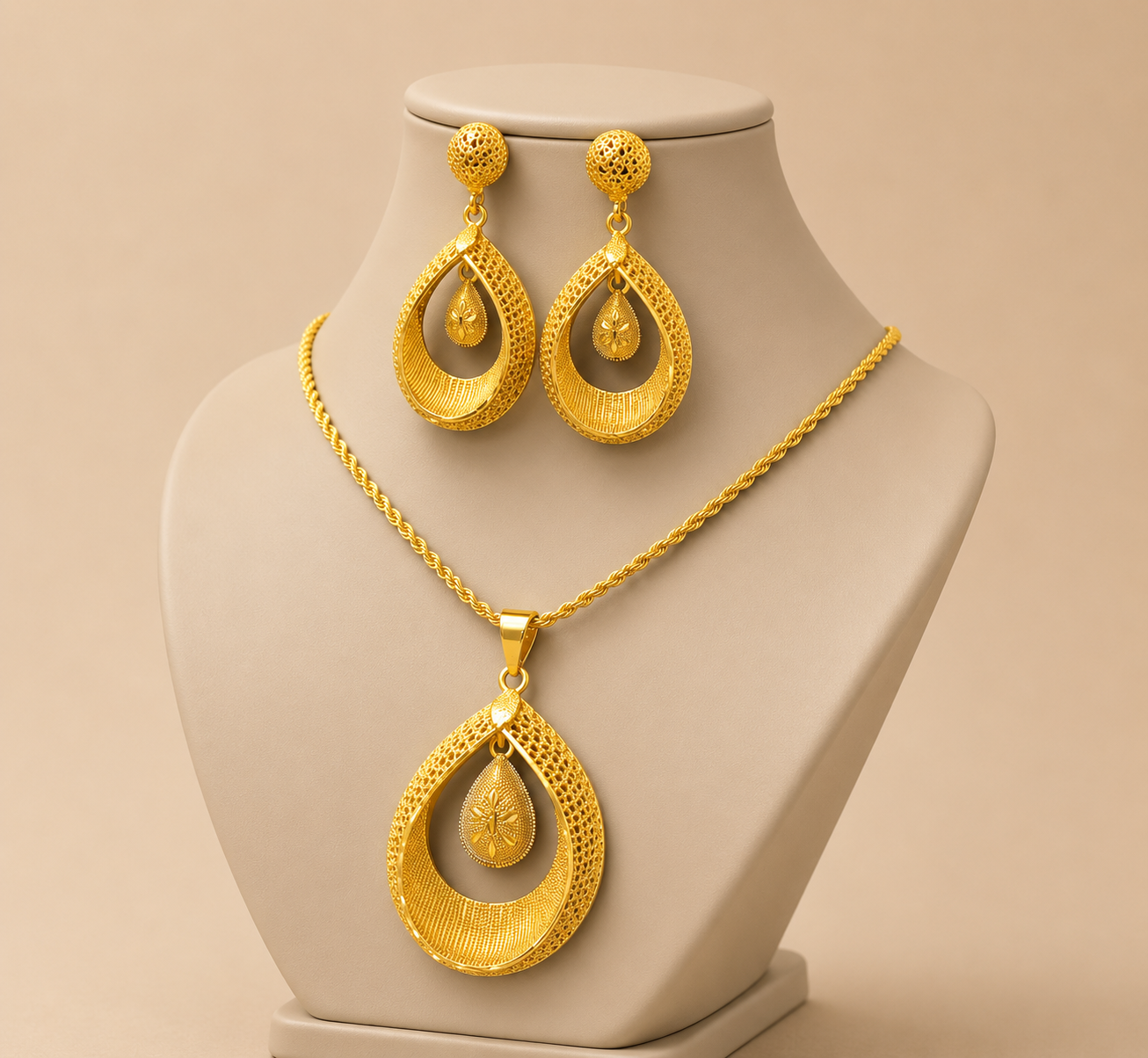 Parure en plaqué or composée d'un collier avec pendentif et de boucles d'oreilles assorties, au design raffiné et élégant pour femme.