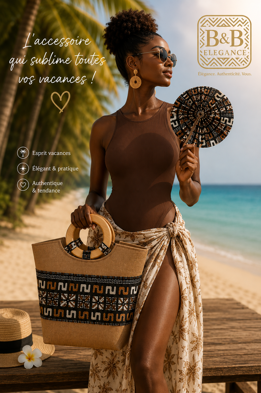 Femme portant un sac cabas en tissu wax africain avec éventail et pochette assortis, fabrication artisanale B&B Élégance, idéal pour un look chic et estival.