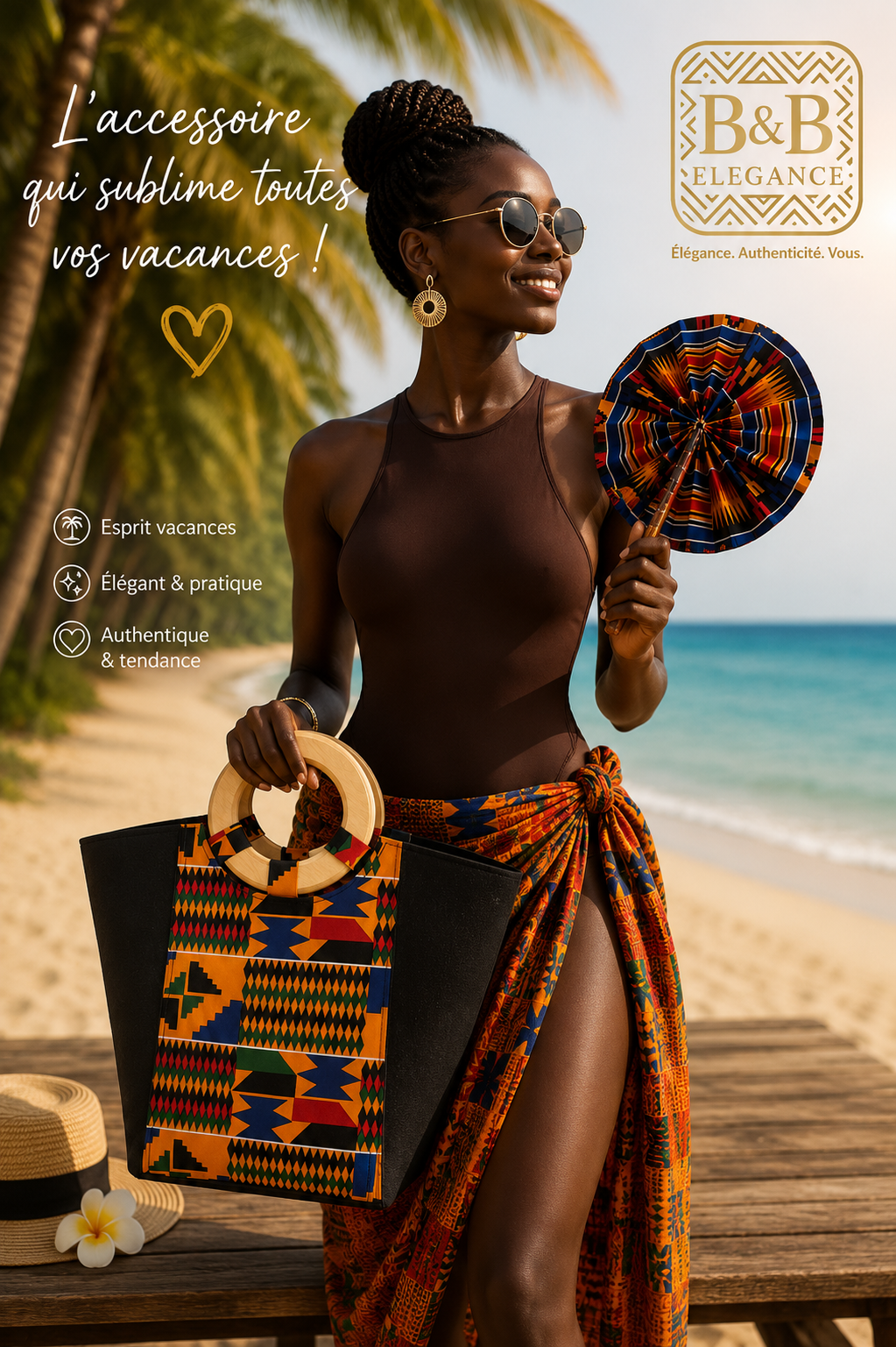 Femme portant un sac cabas en tissu wax africain avec éventail et pochette assortis, fabrication artisanale B&B Élégance, idéal pour un look chic et estival.