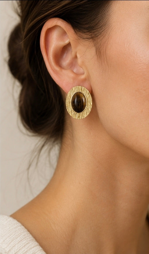 Boucles d’Oreilles Ethniques  – Œil du tigre bronze plaqué or marron